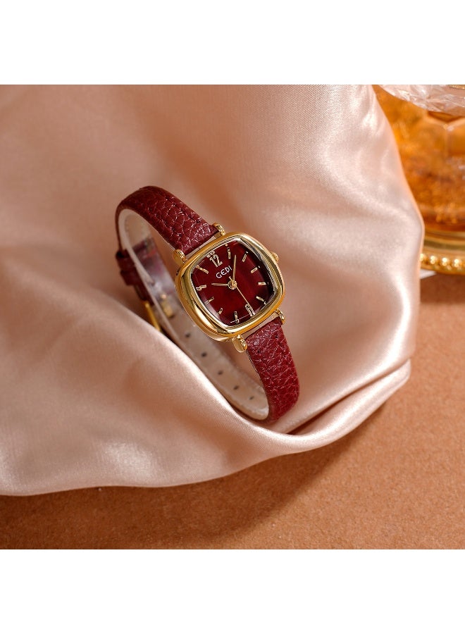 GEDI Retro Square Women's Watch, Red Leather Strap Elegant Gold Case Fashion Ladies Wristwatch