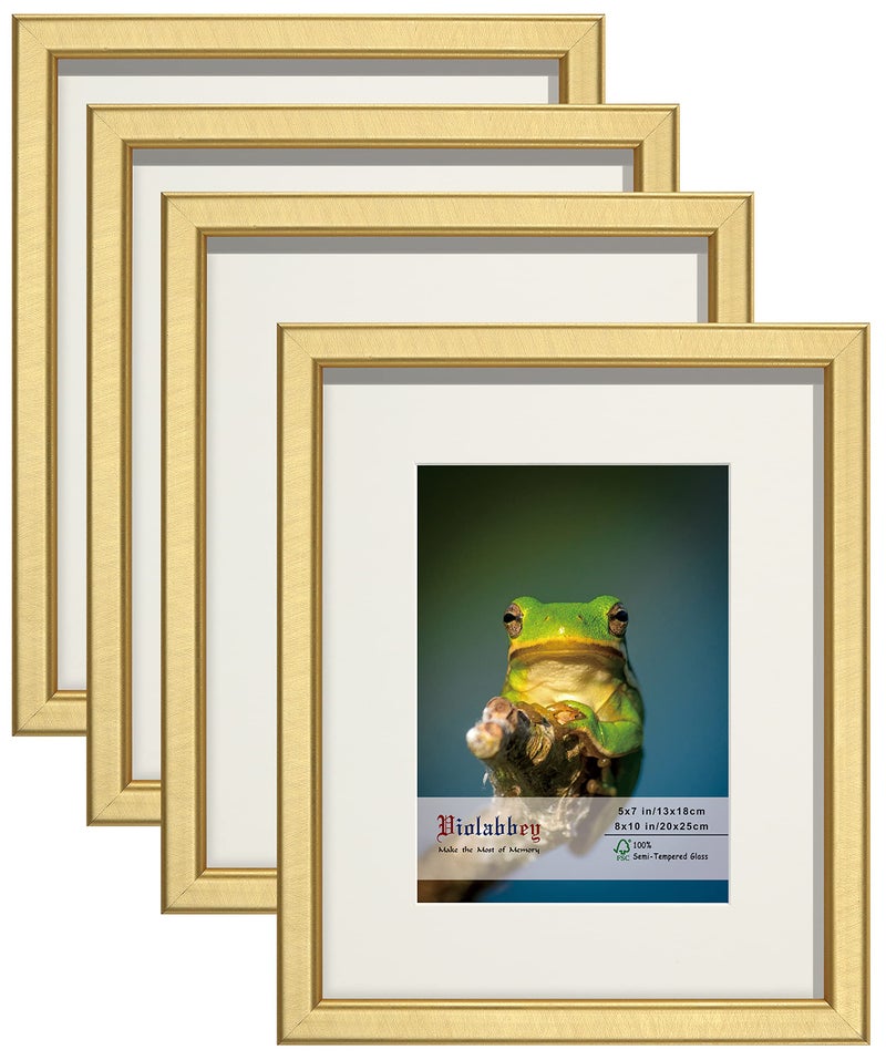 VIOLABBEY 8x10 Picture Frame Gold Set of 4 Photo frame for 5x7 Pictures with Mat or 8x10 without Mat HD Real Glass Vertical or Horizontal for Wall and Tabletop Display