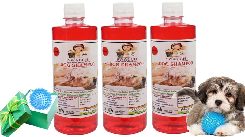 swacch Shampoo | Puppy Safe Shampoo | PH Balanced | Ditch to Itch for Dog Shampoo 500ml Pack of 3 (Strawberry) + Spike Ball Chew Toy Combo Pack - Image 1