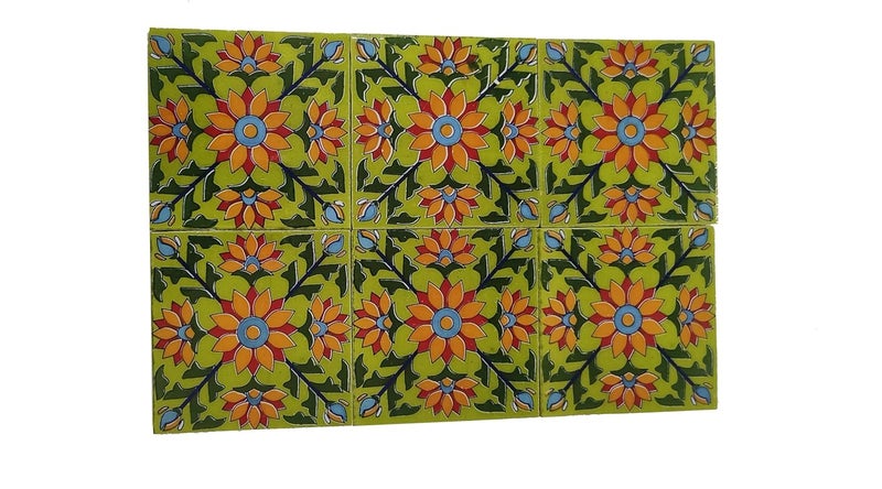 Shiv Kripa Blue Pottery Shiv Kripa Blue Pottery Home Decor Floral Decor Ceramic Wall Tiles 4 x 4 Inch Set of 6 Tiles Multi Color 