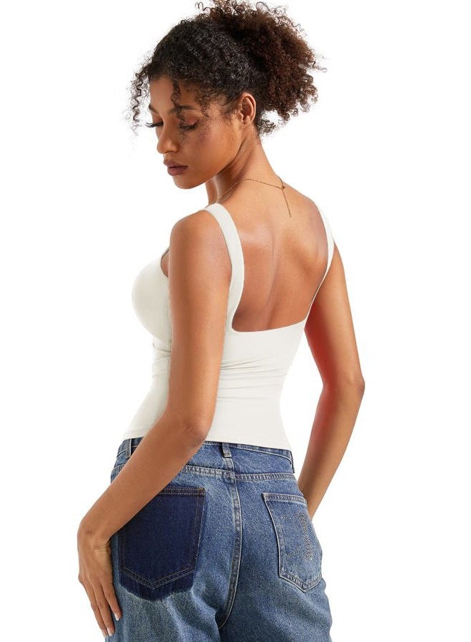 SUUKSESS Women Padded Open Back Boat Neck Tank Tops Double Lined Basic Shirts, Cream White, L - Image 3