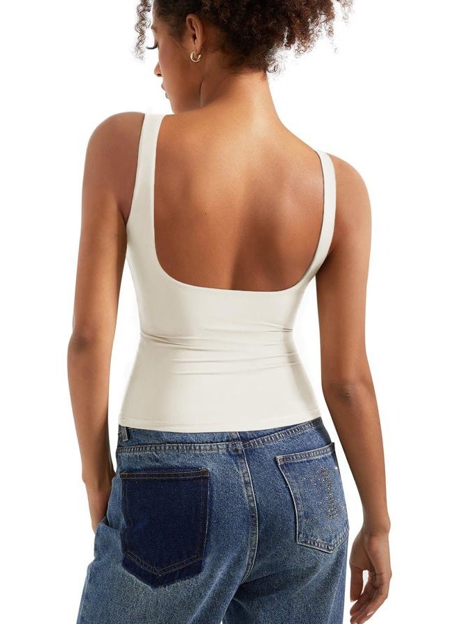 SUUKSESS Women Padded Open Back Boat Neck Tank Tops Double Lined Basic Shirts, Cream White, L - Image 1