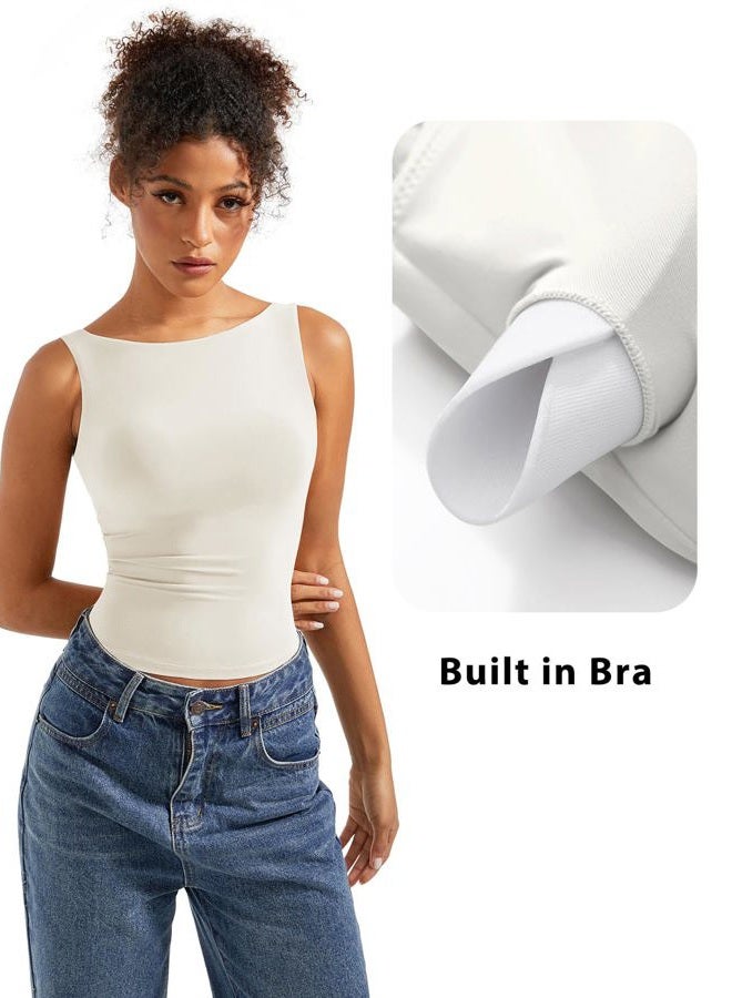 SUUKSESS Women Padded Open Back Boat Neck Tank Tops Double Lined Basic Shirts, Cream White, L - Image 2