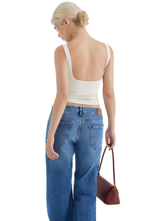 SUUKSESS Women Padded Open Back Boat Neck Tank Tops Double Lined Basic Shirts, Cream White, L - Image 4