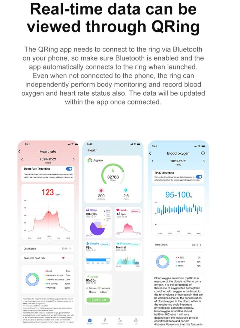 Smart Ring, Fitness Bracelet Calorie/Heart Rate/Sleep Monitoring/ Pressure/Multiple Sports Modes/Photography, IP68 Waterproof, Size: 20mm - Image 2