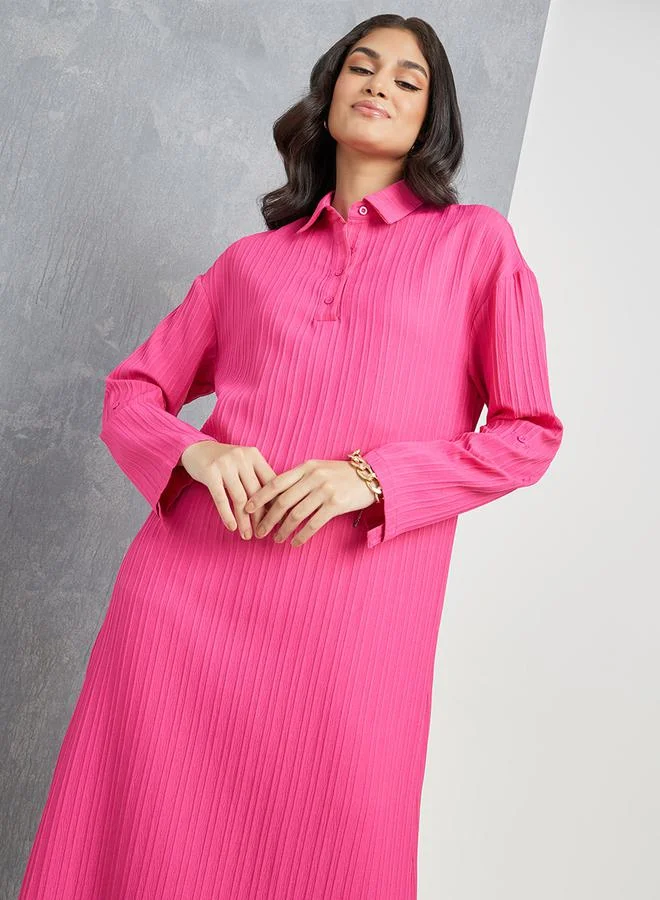 Take Two Roll-Up Sleeve Textured Shirt Maxi Dress
