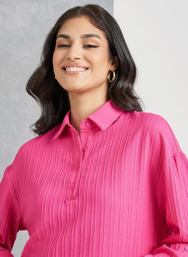 Take Two Roll-Up Sleeve Textured Shirt Maxi Dress