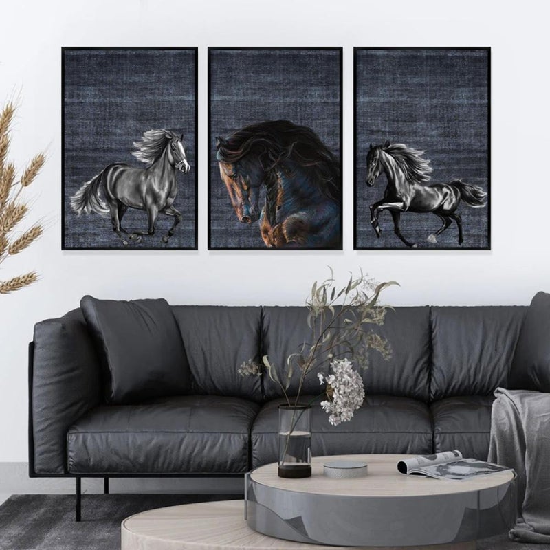 Marktna Three canvas paintings with a horse design and a hollow frame, measuring (90×40), three pieces - Image 2