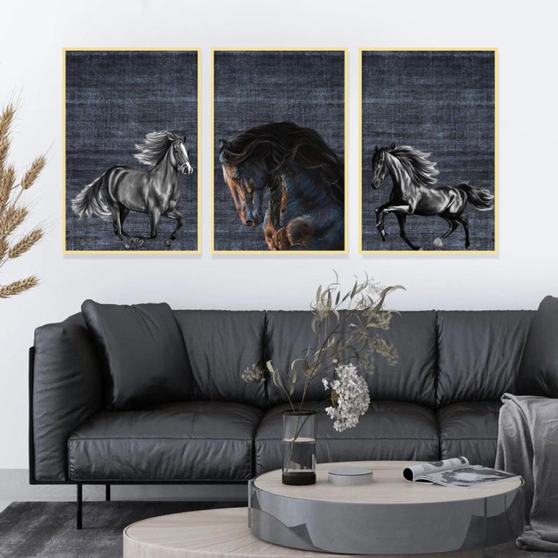 Marktna Three canvas paintings with a horse design and a hollow frame, measuring (90×40), three pieces - Image 1