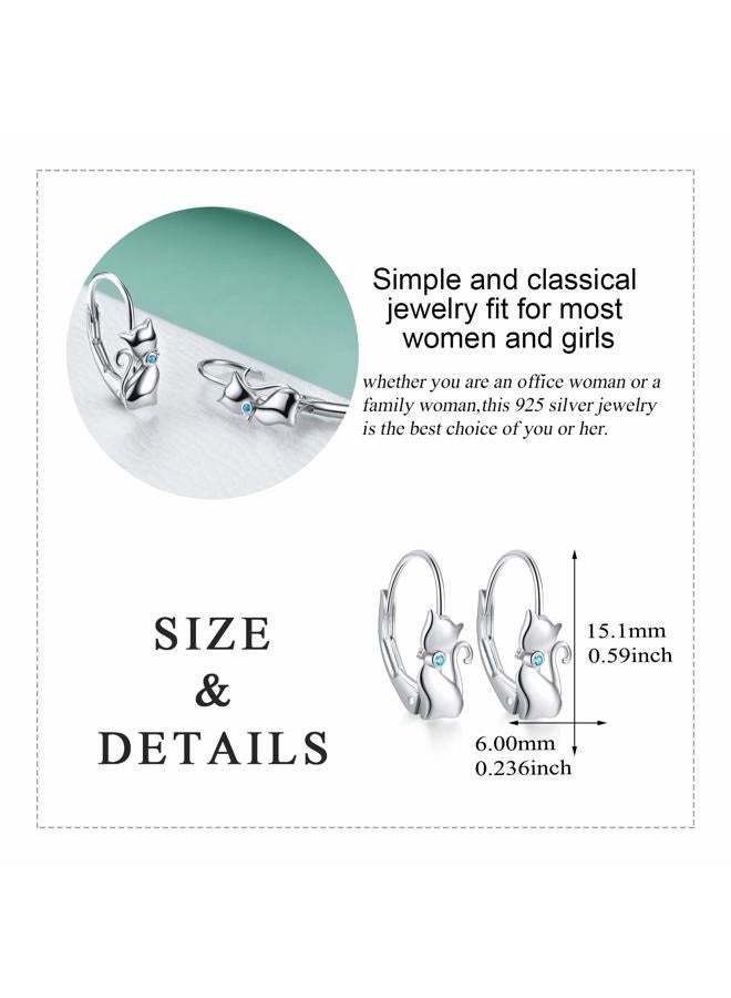 LUHE Cat Earrings Sterling Silver Cute Cat Earrings Small Animal Cats Leverback Dangle Hoop Earrings Dangles Jewelry Gifts for women Teen Girls cat Lovers (C-Blue cat earrings), Sterling Silver, Cubic - Image 3