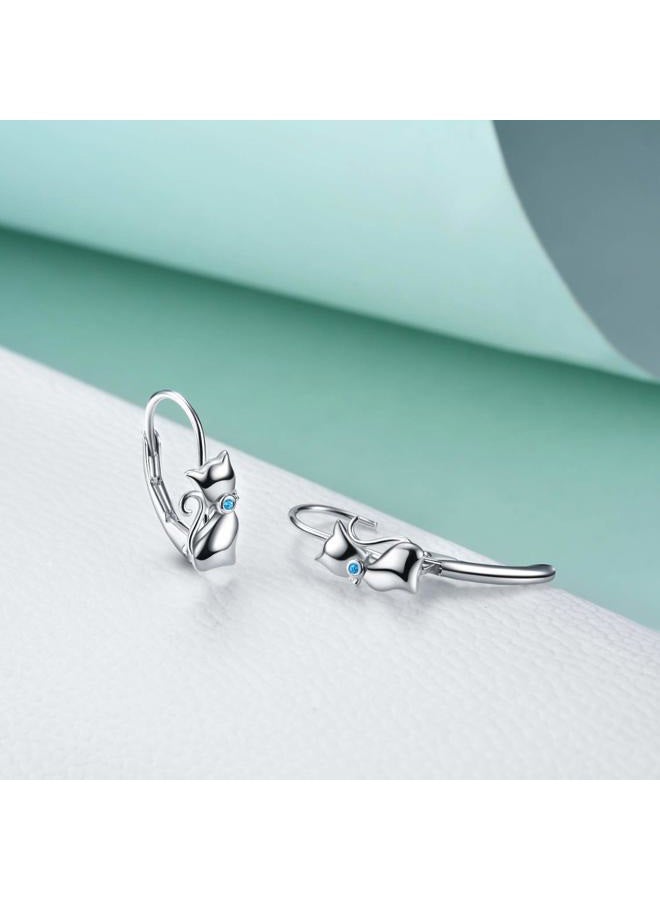 LUHE Cat Earrings Sterling Silver Cute Cat Earrings Small Animal Cats Leverback Dangle Hoop Earrings Dangles Jewelry Gifts for women Teen Girls cat Lovers (C-Blue cat earrings), Sterling Silver, Cubic - Image 5
