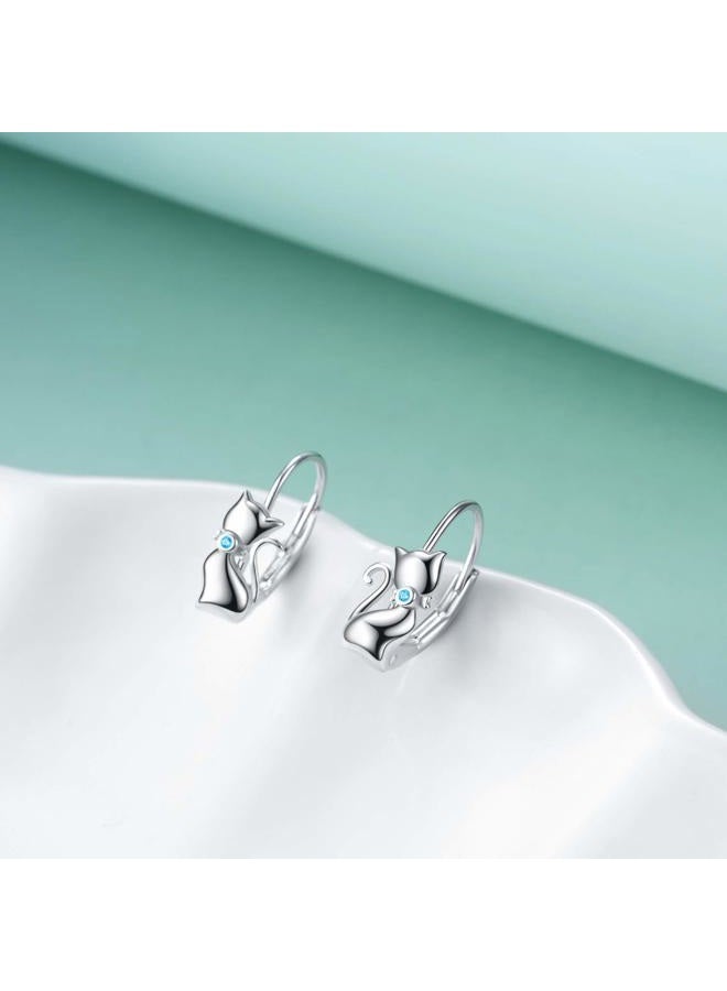 LUHE Cat Earrings Sterling Silver Cute Cat Earrings Small Animal Cats Leverback Dangle Hoop Earrings Dangles Jewelry Gifts for women Teen Girls cat Lovers (C-Blue cat earrings), Sterling Silver, Cubic - Image 4