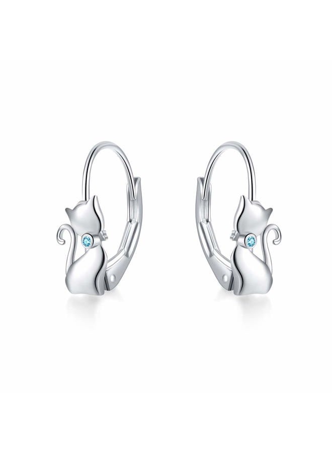 LUHE Cat Earrings Sterling Silver Cute Cat Earrings Small Animal Cats Leverback Dangle Hoop Earrings Dangles Jewelry Gifts for women Teen Girls cat Lovers (C-Blue cat earrings), Sterling Silver, Cubic - Image 1
