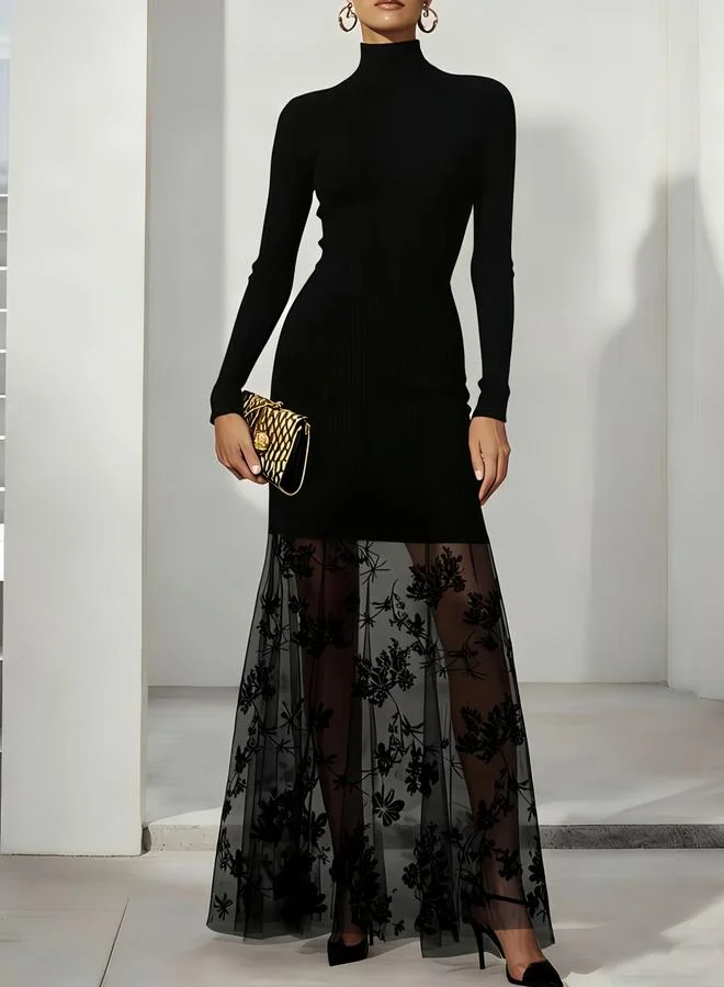 Take Two Black Lace Hem A-Line Maxi Dress
