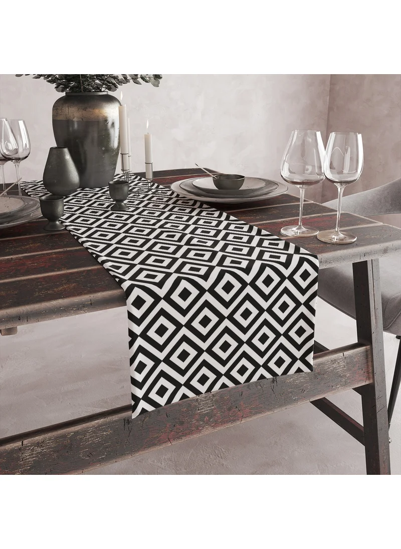 Vagonik Black and White Square Patterned Digital Printed Runner 140X40