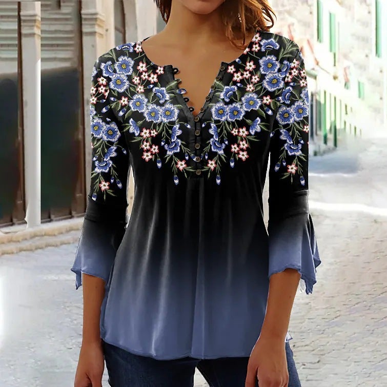 Sleeve Ruili T-Shirt Fashion Collar Three-Quarter V Floral Print Summer New Style - Image 1