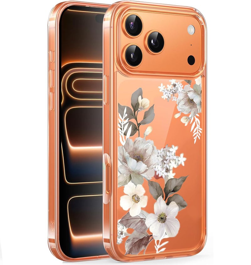 Elzzi Clear Transparent Flower Cover for iPhone 17 Pro Max Case Shockproof Floral Design Full Camera Protection Shockproof PC+TPU Transparent Cover for Girls & Women (Grey) - Image 1