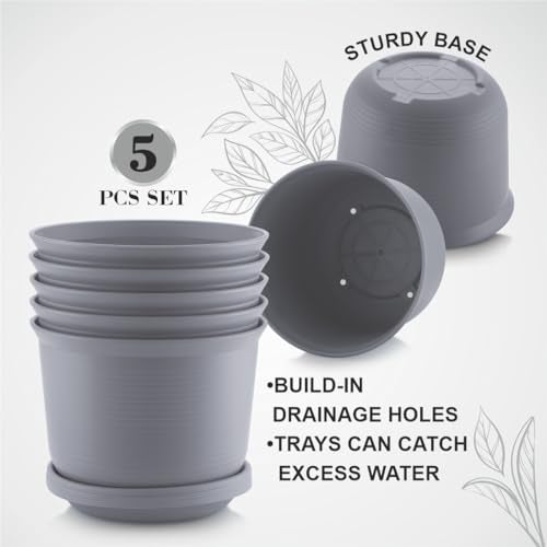 INKULTURE 10 Inch Plastic Round Flower Pots with Tray for Home Planters, Terrace, Garden Etc | Pack of 05 | Dark Grey | for Home Indoor & Outdoor Gardening Plants - Image 3
