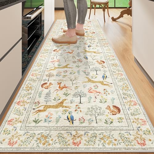 DUKINO 2x6 Rug for Hallway Washable Kitchen Runner Rug with Non Slip Backing Soft Low Pile Vintage Animal Runner for Bedroom Kitchen Hallway Entryway Laundry Beige - Image 1