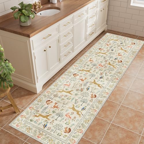 DUKINO 2x6 Rug for Hallway Washable Kitchen Runner Rug with Non Slip Backing Soft Low Pile Vintage Animal Runner for Bedroom Kitchen Hallway Entryway Laundry Beige - Image 3