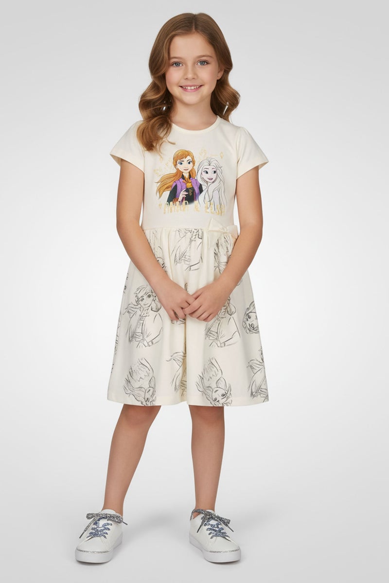 Disney Toddlers Girl Graphic Print Short Sleeve Dress, Off White - Image 1