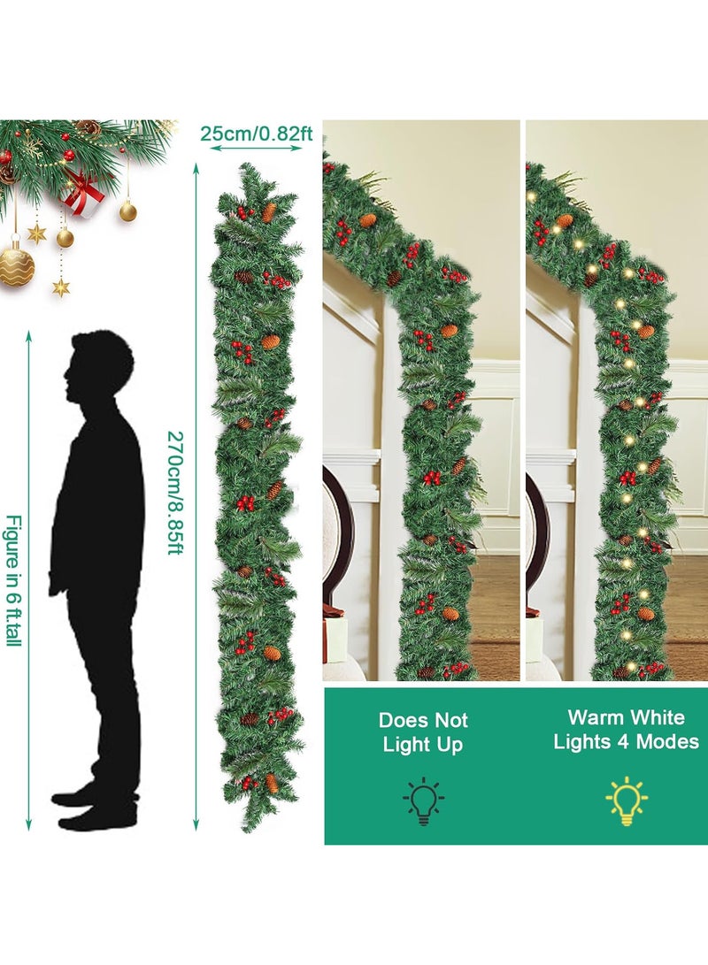 AUTOYSUR إكليل عيد الميلاد الاصطناعي المضاء بطول 9 أقدام، يعمل بالبطارية من الخيزران الأخضر مع 50 مصباحًا من أقماع الصنوبر والتوت الأحمر لمدفأة الدرج أو الموقد أو المنزل أو الشرفة أو الديكور الداخلي والخارجي - Image 3