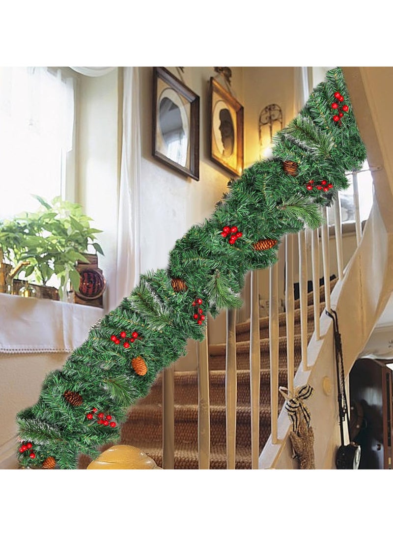 AUTOYSUR إكليل عيد الميلاد الاصطناعي المضاء بطول 9 أقدام، يعمل بالبطارية من الخيزران الأخضر مع 50 مصباحًا من أقماع الصنوبر والتوت الأحمر لمدفأة الدرج أو الموقد أو المنزل أو الشرفة أو الديكور الداخلي والخارجي - Image 5