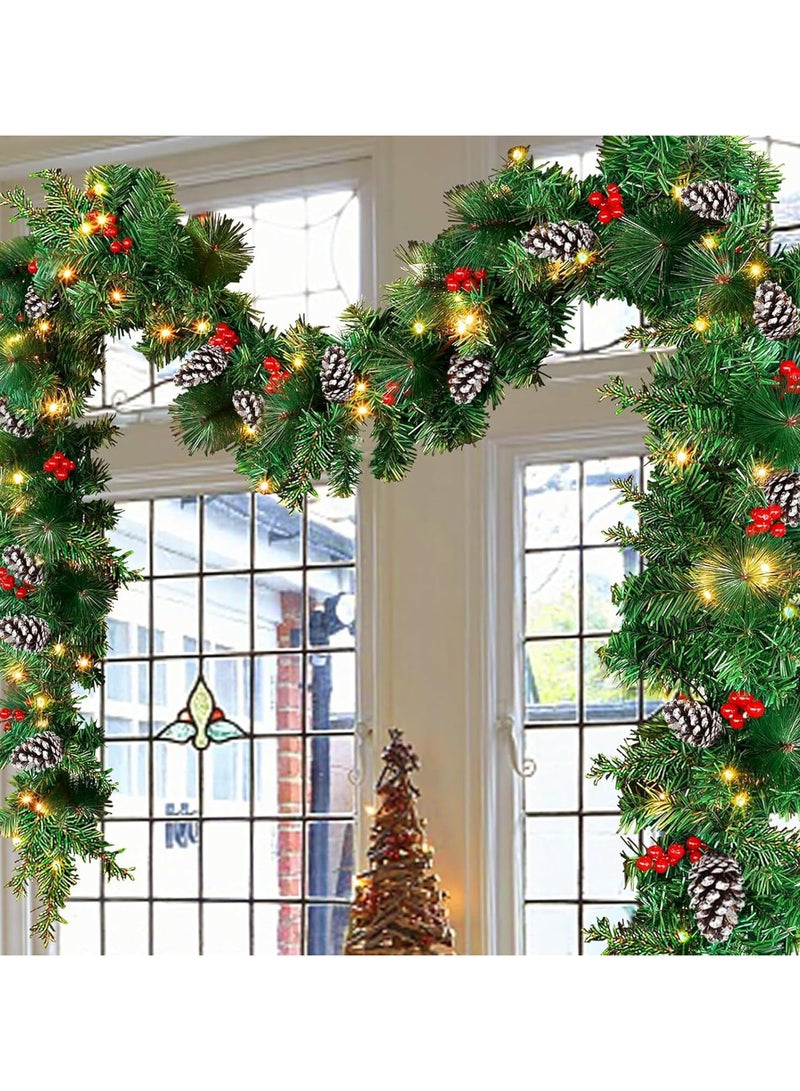 AUTOYSUR إكليل عيد الميلاد الاصطناعي المضاء بطول 9 أقدام، يعمل بالبطارية من الخيزران الأخضر مع 50 مصباحًا من أقماع الصنوبر والتوت الأحمر لمدفأة الدرج أو الموقد أو المنزل أو الشرفة أو الديكور الداخلي والخارجي - Image 1