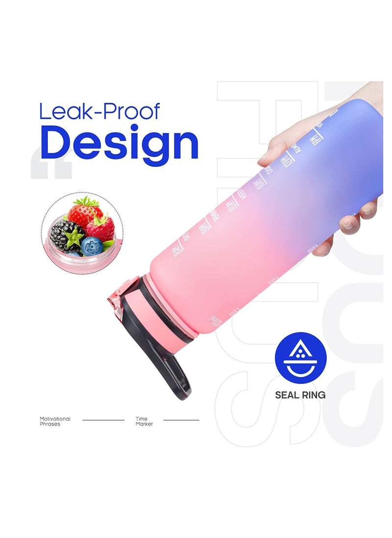 TYCOM - Water Bottle 1L Gym Bottle Sport Bottle  Motivational Sports Bottle with Time Marker Leakproof Drinking Sport Gym Water Bottles for Fitness Gym Outdoor Handle Straw Pink Blue. - Image 1
