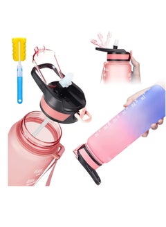 Water Bottle 1L Gym Bottle Sport Bottle  Motivational Sports Bottle with Time Marker Leakproof Drinking Sport Gym Water Bottles for Fitness Gym Outdoor Handle Straw Pink Blue.