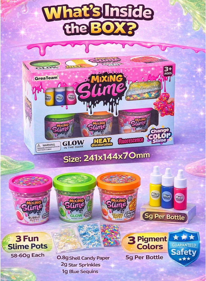 GreaTeam Mixing Slime Set for Kids 3+ Years 3 Bubble Putty Pots 58-60G Each (Glow in the Dark Slime Heat Color Changing Slime Fluorescent Bubble Putty) DIY Slime Kit with 3 Pigment Colors 5G Each Star Sprinkles 2G Blue Sequins 1G Shell Candy Paper 0.8G Sensory Stretchy Slime Toy EN71 Certified Non-Toxic Educational Creative Play Gift Set - Image 5