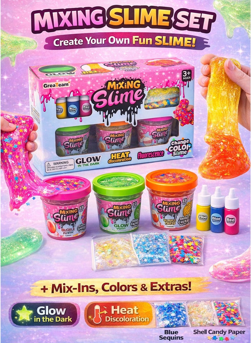 GreaTeam Mixing Slime Set for Kids 3+ Years 3 Bubble Putty Pots 58-60G Each (Glow in the Dark Slime Heat Color Changing Slime Fluorescent Bubble Putty) DIY Slime Kit with 3 Pigment Colors 5G Each Star Sprinkles 2G Blue Sequins 1G Shell Candy Paper 0.8G Sensory Stretchy Slime Toy EN71 Certified Non-Toxic Educational Creative Play Gift Set - Image 2