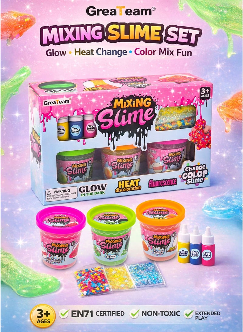 GreaTeam Mixing Slime Set for Kids 3+ Years 3 Bubble Putty Pots 58-60G Each (Glow in the Dark Slime Heat Color Changing Slime Fluorescent Bubble Putty) DIY Slime Kit with 3 Pigment Colors 5G Each Star Sprinkles 2G Blue Sequins 1G Shell Candy Paper 0.8G Sensory Stretchy Slime Toy EN71 Certified Non-Toxic Educational Creative Play Gift Set - Image 1