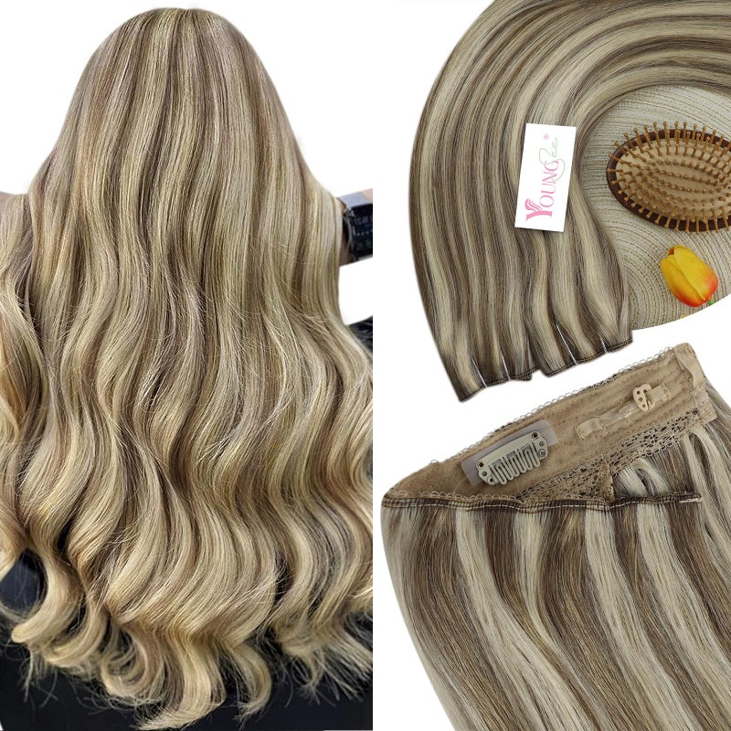 YoungSee Wire Hair Extensions Highlight Invisible Wire Hair Extensions Real Human Hair Highlights Light Brown with Platinum Blonde Hair Extensions for Short Hair 70G 12Inch