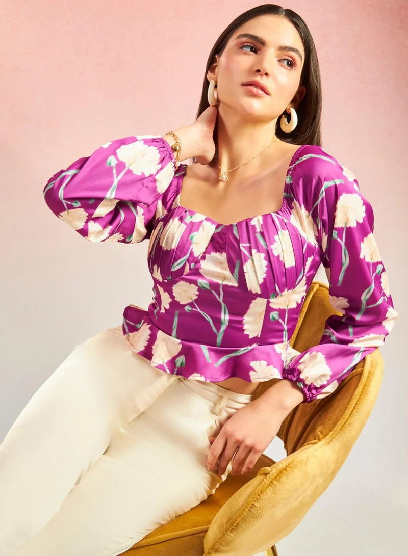 Virgio VIRGIO Satin Floral Bustier Flared Hem Top