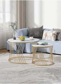 Toshionics Modern Luxurious Round Nesting Coffee Table Set White Marble-Like Glass Top with Sturdy Cross Design Metal Frame Nordic Minimalist Space-Saving Stackable Design Elegant Center Table for Living Room Small Apartments Balcony Office Hotel Spa and Salon Reception Lounge Easy to Assemble  - Image 2