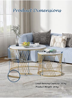Toshionics Modern Luxurious Round Nesting Coffee Table Set White Marble-Like Glass Top with Sturdy Cross Design Metal Frame Nordic Minimalist Space-Saving Stackable Design Elegant Center Table for Living Room Small Apartments Balcony Office Hotel Spa and Salon Reception Lounge Easy to Assemble  - Image 4