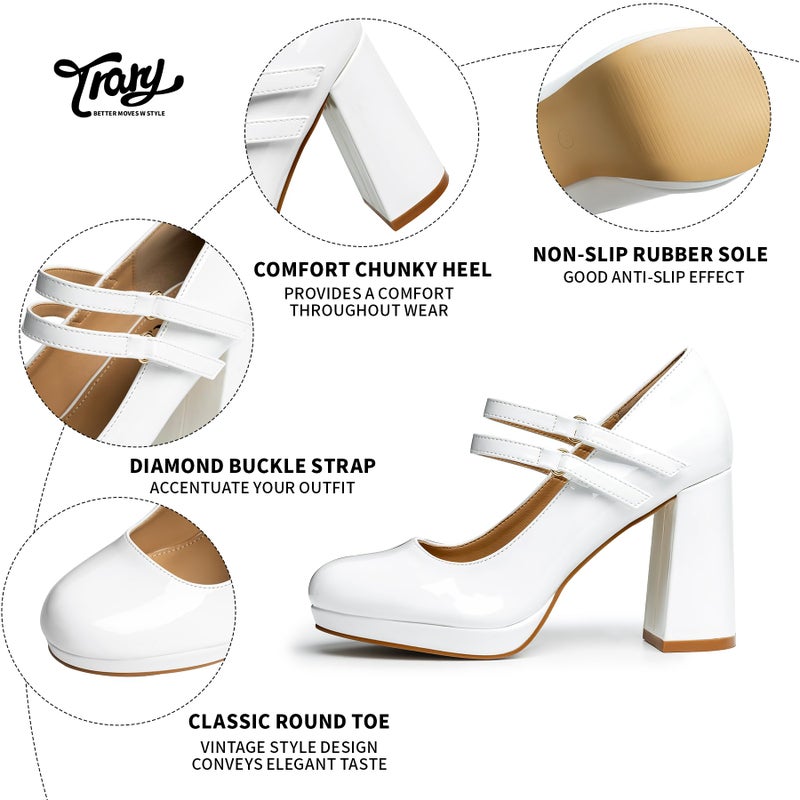 Trary White Heels for Women, Mary Jane Shoes Platform Chunky Block High Heels with Buckle Strap Comfortable Dress Pumps for Office Party Casual Round Toe Pumps Shoes, Size 11 - Image 5