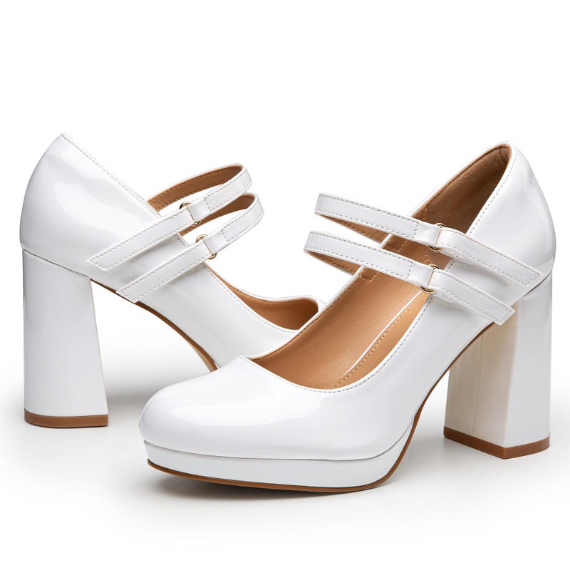 Trary White Heels for Women, Mary Jane Shoes Platform Chunky Block High Heels with Buckle Strap Comfortable Dress Pumps for Office Party Casual Round Toe Pumps Shoes, Size 11 - Image 1