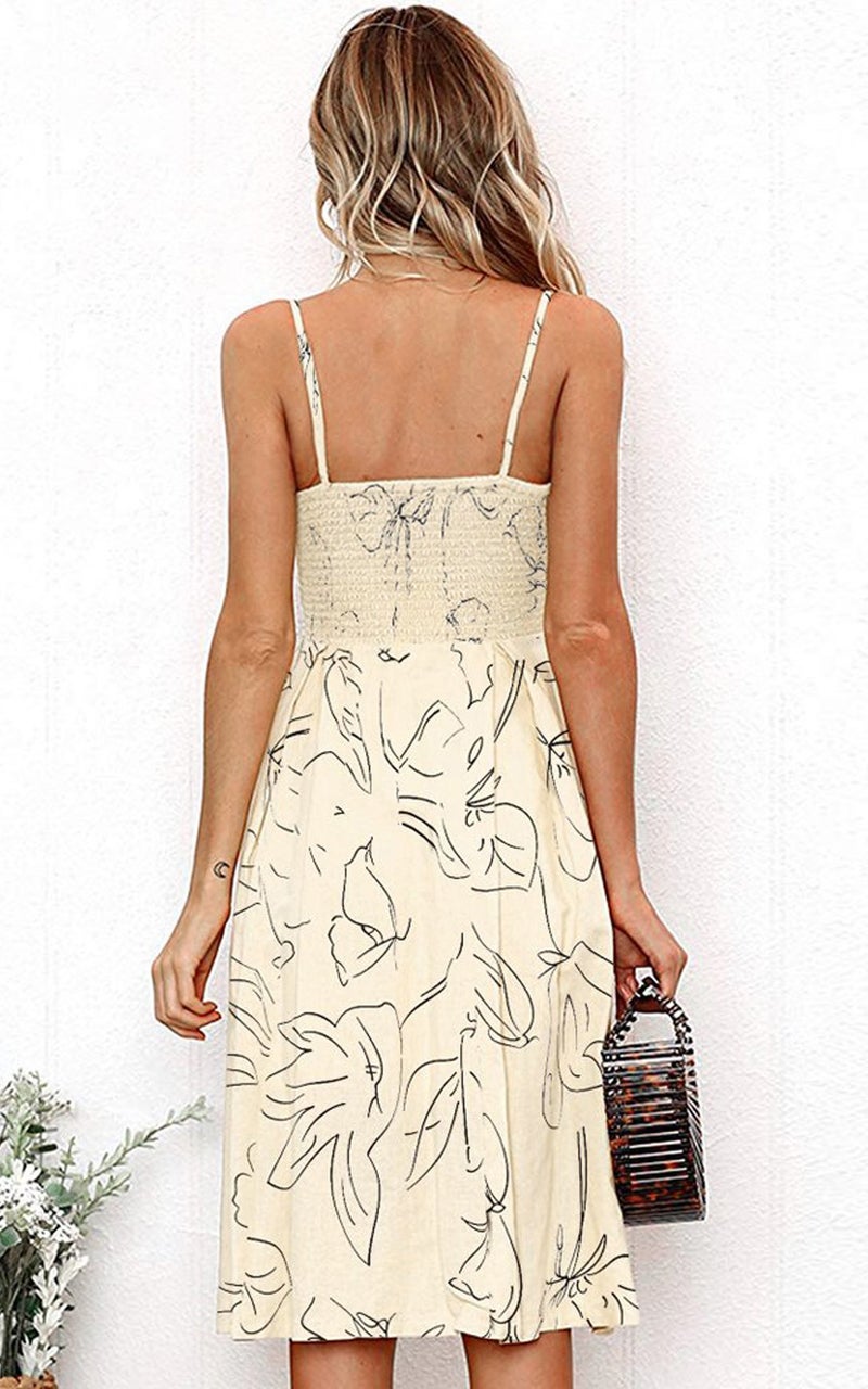 ECOWISH Women 2024 Summer Dresses Tie Front V-Neck Spaghetti Strap Button Down A-Line Backless Swing Midi Dress 809 Beige L - Image 4