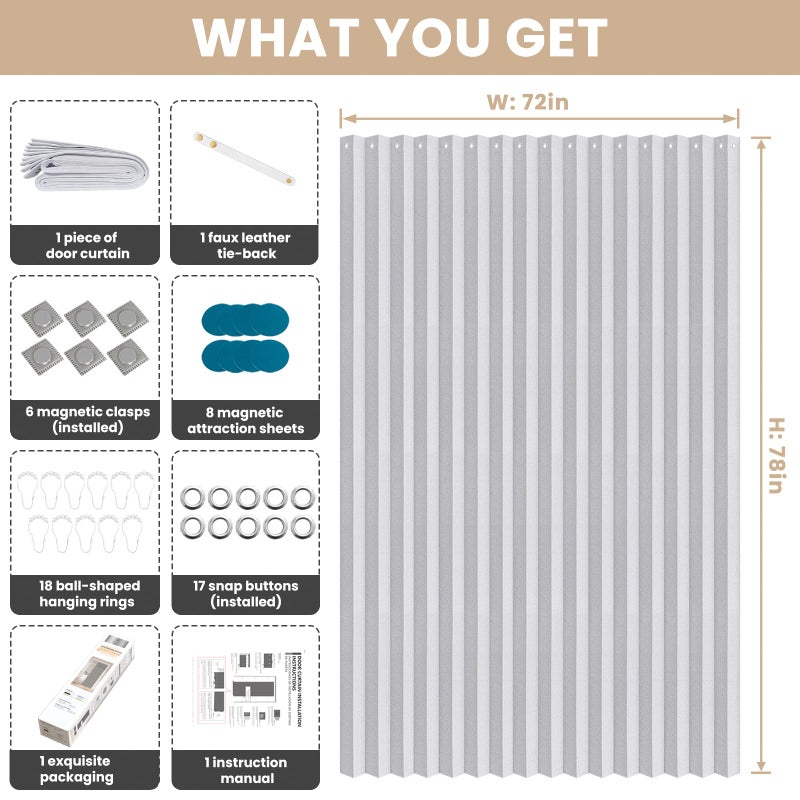Jilron Accordian Door Curtain, 100% Blackout Folding Magnetic Doorway Curtains,Linen Style Closet Doors,for Room Divider,Privacy Protectionï¼ˆW72 x L78,White,1 Panelï¼‰ - Image 3