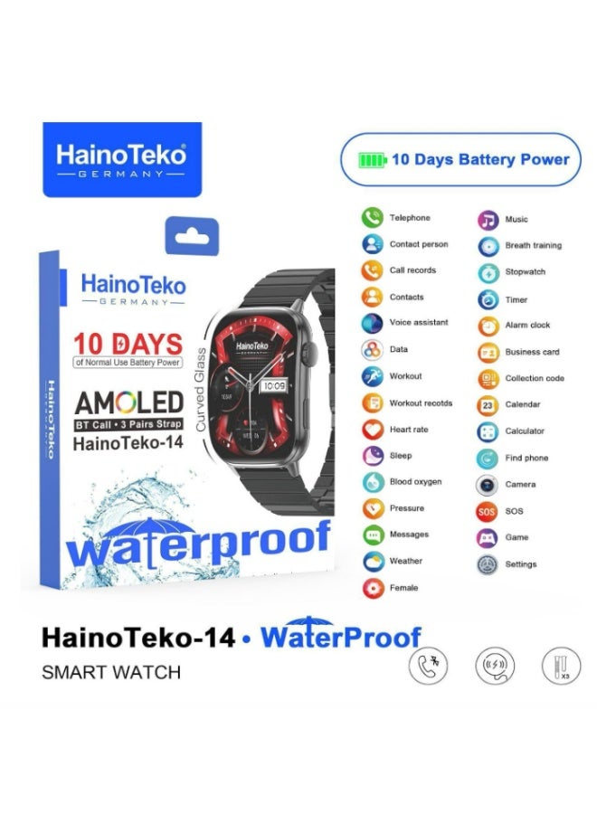 Haino Teko HainoTeko HainoTeko-14 AMOLED Waterproof Smart Watch with 10-Day Battery Life 3 Pair Straps and Charging Cable Designed for Ladies and Gents (Black) - Image 1