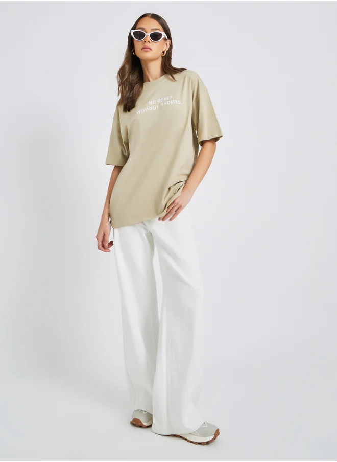 Styli Styli Slogan Embroidered Round Neck Oversized T-Shirt