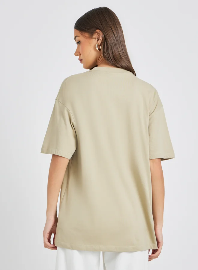 Styli Styli Slogan Embroidered Round Neck Oversized T-Shirt