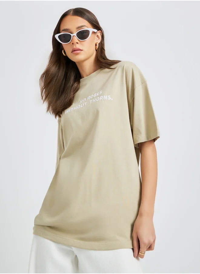 Styli Styli Slogan Embroidered Round Neck Oversized T-Shirt