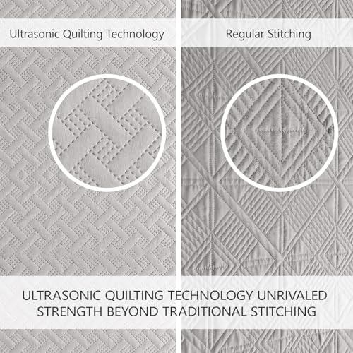 FLYMME Queen Quilt Bedding Set Light Grey Lightweight Bedspreads Full Size,Modern Style Geometric Weave Stripe Pattern,Soft Microfiber Bed Coverlet for All Season (1 Quilt, 2 Shams) - Image 3