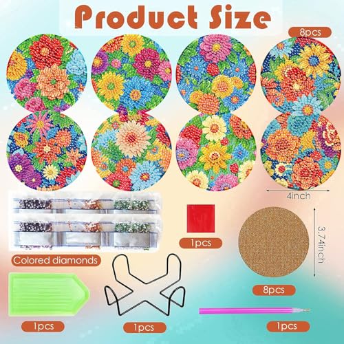 ijbnhd 8 Pcs Diamond Art Coasters with Holder-DIY Flowers Diamond Painting Coasters 5D Gem Art Flowers Coaster with Cork Pads for Adults for Holiday Gift (4X4) - Image 3