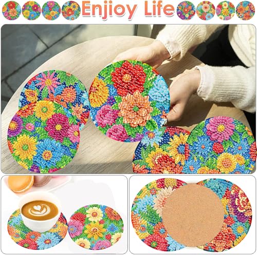 ijbnhd 8 Pcs Diamond Art Coasters with Holder-DIY Flowers Diamond Painting Coasters 5D Gem Art Flowers Coaster with Cork Pads for Adults for Holiday Gift (4X4) - Image 2