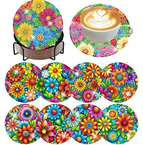 ijbnhd 8 Pcs Diamond Art Coasters with Holder-DIY Flowers Diamond Painting Coasters 5D Gem Art Flowers Coaster with Cork Pads for Adults for Holiday Gift (4X4) - Image 1