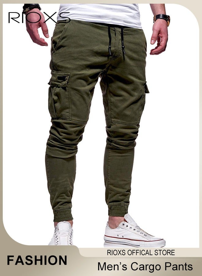 RIOXS Men's Cargo Pants, Baggy Fit Tapered Athletic Pants for Men, Casual Drawstring Sports Trousers with Multi Pocket, Tactical Pantalones Cargo Stretch Sweatpants for Running Jogging Workout, Outrdoor Activity - Image 1